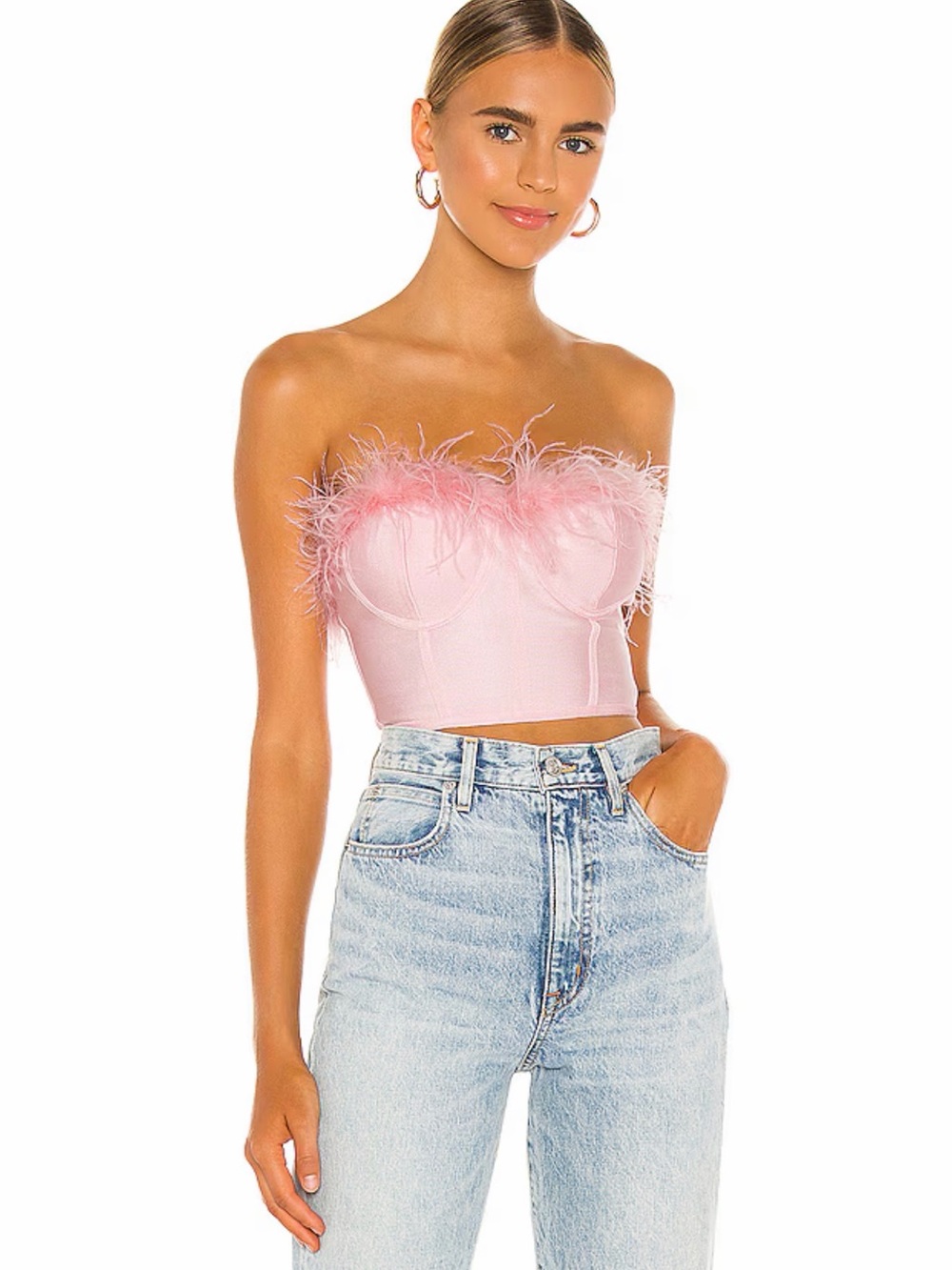 Revolve superdown Ramona Pink Feather-Trim Strapless Bustier Crop Top - NWT